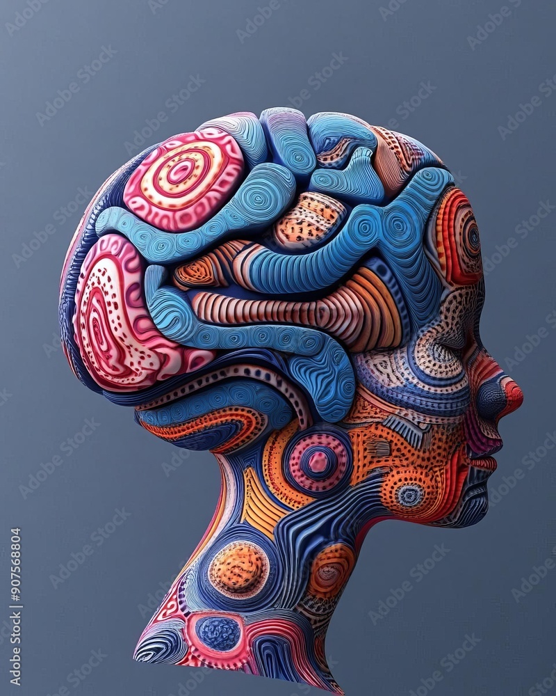 Obraz premium Mind and thoughts, brain with abstract patterns, 3D Style illustration