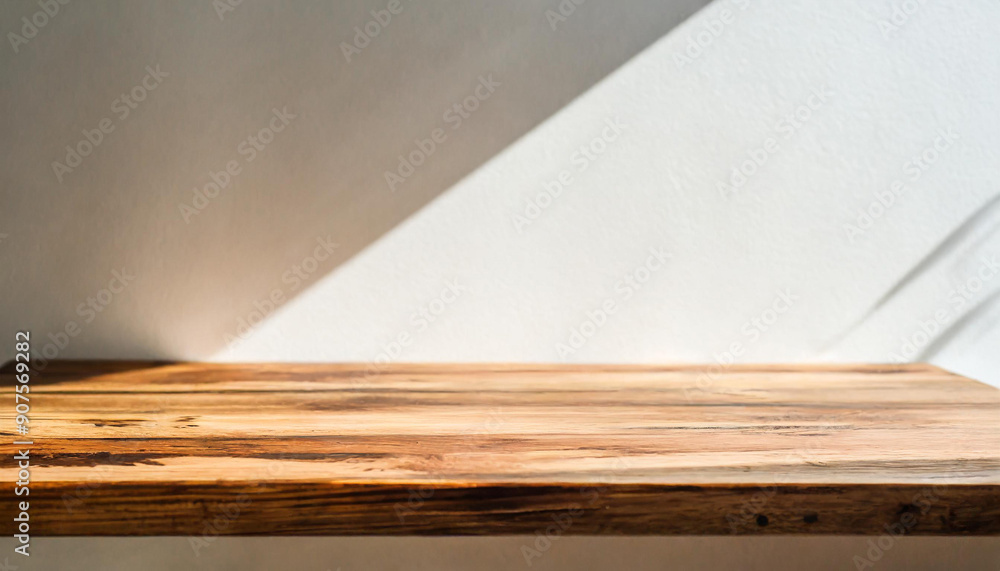 Empty minimal natural wooden table counter podium, beautiful wood grain in sunlight, shadow on white wall for luxury cosmetic, skincare, beauty treatment, decoration product display background Empty minimal natural wooden table counter podium, beautiful wood grain in sunlight, shadow on white wall for luxury cosmetic, skincare, beauty treatment, decoration product display background