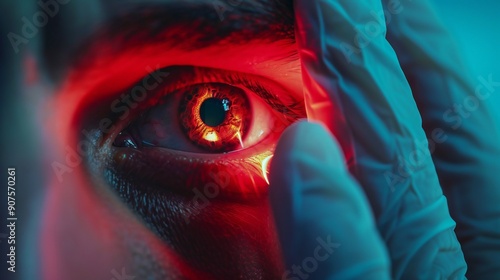 Detailed view of a doctor explaining the correct way to apply eye drops to a red eye.