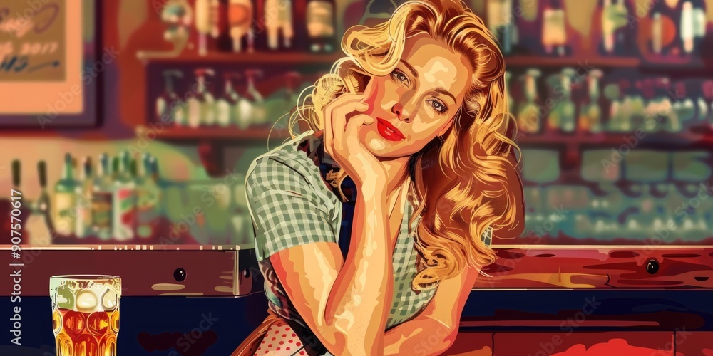 Fototapeta premium A woman enjoying a cold beer at a modern bar, perfect for everyday use or as a background image