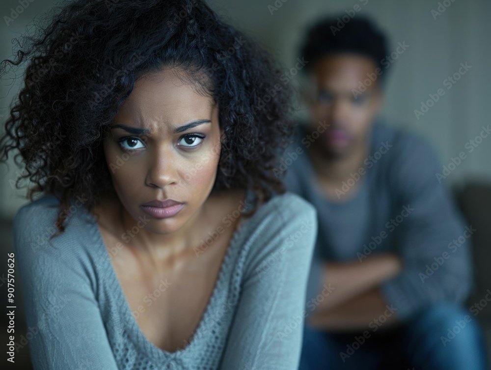A woman looks directly at the camera with a serious expression, while a man sits behind her, out of focus. AI. A woman looks directly at the camera with a serious expression, while a man sits behind her, out of focus. AI.