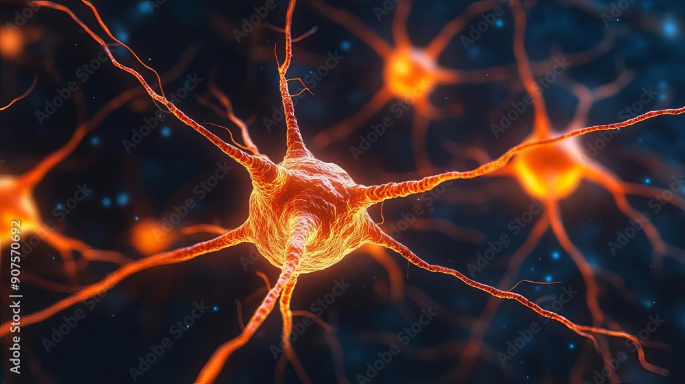 Close-up of brain neurons with electric impulses, Brain Neurology, concept of neural activity and brain function Close-up of brain neurons with electric impulses, Brain Neurology, concept of neural activity and brain function