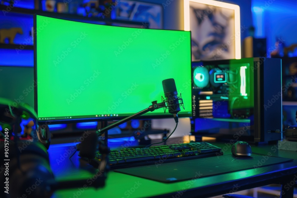 Modern Gaming Room: Professional Streaming Setup, Green Screen, and Premium Microphone Modern Gaming Room: Professional Streaming Setup, Green Screen, and Premium Microphone