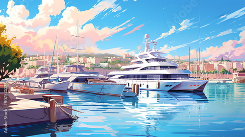 illustration boat marina dock in the sun. Generative ai