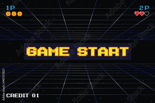 GAME START. pixel art .8 bit game. retro game. for game assets in vector illustrations. arcade gaming. 