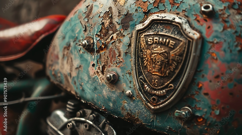 Close up of a rusty motorcycle fuel tank with a worn chrome emblem featuring a skull and wings, showcasing the rugged beauty of vintage mechanics. Close up of a rusty motorcycle fuel tank with a worn chrome emblem featuring a skull and wings, showcasing the rugged beauty of vintage mechanics.