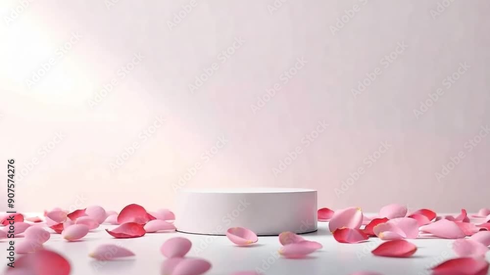 Stone pedestal with pink flowers modern background. Product display design, minimal mockup template. Stone pedestal with pink flowers modern background. Product display design, minimal mockup template.