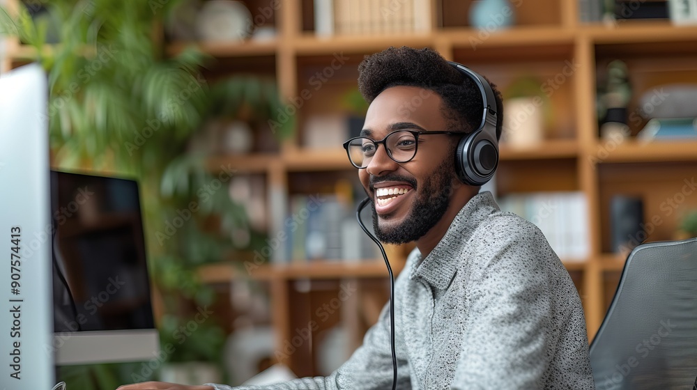 Fototapeta premium Smiling call center operator wearing a headset working remotely in a cozy living room, providing customer support and demonstrating professional service in a home office environment.