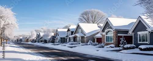 a serene suburban street in winter with snow