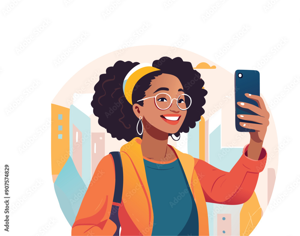 Illustrazione vettoriale di una ragazza che si scatta un selfie con il telefono, esprimendo felicità e stile, ideale per rappresentare il mondo dei social media e la condivisione online. Illustrazione vettoriale di una ragazza che si scatta un selfie con il telefono, esprimendo felicità e stile, ideale per rappresentare il mondo dei social media e la condivisione online.