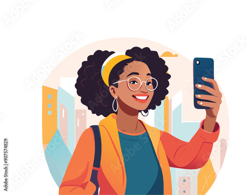  Illustrazione vettoriale di una ragazza che si scatta un selfie con il telefono, esprimendo felicità e stile, ideale per rappresentare il mondo dei social media e la condivisione online.