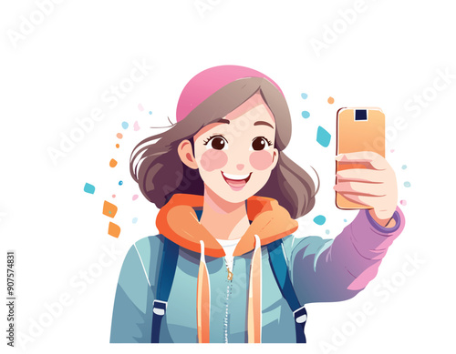  Illustrazione vettoriale di una ragazza che si scatta un selfie con il telefono, esprimendo felicità e stile, ideale per rappresentare il mondo dei social media e la condivisione online.
