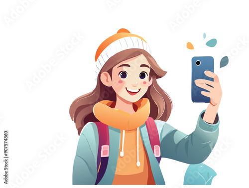  Illustrazione vettoriale di una ragazza che si scatta un selfie con il telefono, esprimendo felicità e stile, ideale per rappresentare il mondo dei social media e la condivisione online.