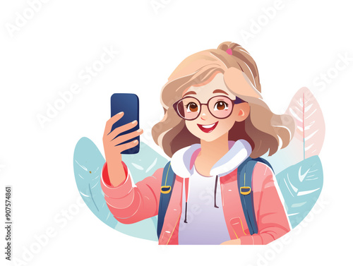  Illustrazione vettoriale di una ragazza che si scatta un selfie con il telefono, esprimendo felicità e stile, ideale per rappresentare il mondo dei social media e la condivisione online.