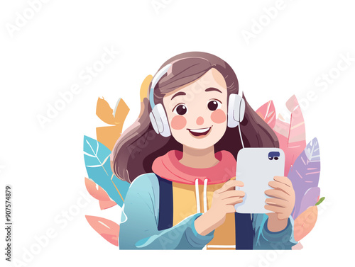  Illustrazione vettoriale di una ragazza che si scatta un selfie con il telefono, esprimendo felicità e stile, ideale per rappresentare il mondo dei social media e la condivisione online.