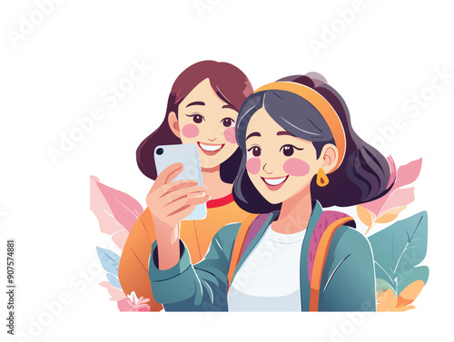  Illustrazione vettoriale di una ragazza che si scatta un selfie con il telefono, esprimendo felicità e stile, ideale per rappresentare il mondo dei social media e la condivisione online.