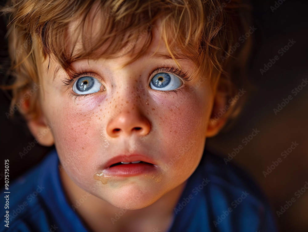 Young Child With Bright Blue Eyes Looking Upward in a Dim Environment Young Child With Bright Blue Eyes Looking Upward in a Dim Environment