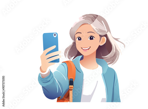  Illustrazione vettoriale di una ragazza che si scatta un selfie con il telefono, esprimendo felicità e stile, ideale per rappresentare il mondo dei social media e la condivisione online.