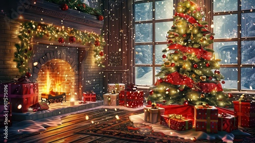 A festive Christmas background featuring a beautifully decorated tree adorned with twinkling lights and ornaments, wrapped presents underneath, and a warm, glowing fireplace in the background,