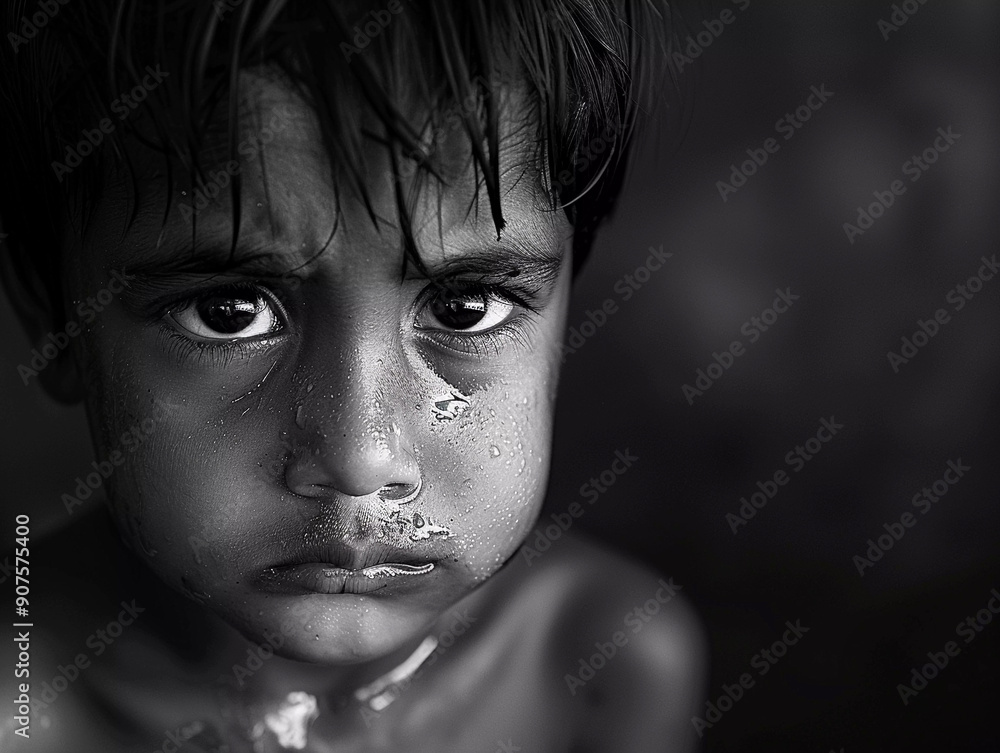 Emotional Close-Up of a Young Boy With Water Droplets and Intense Expression Emotional Close-Up of a Young Boy With Water Droplets and Intense Expression