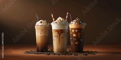 Assortment of Starbucks beverages with whipped cream dollops. Specialty coffee drinks concept