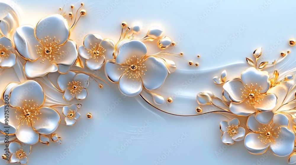 Luxurious 3D Gold Flowers on Pristine White Background Luxurious 3D Gold Flowers on Pristine White Background