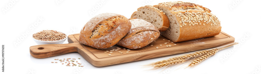 healthy bread, Freshly baked sprouted grain bread with a golden crust, placed on a rustic wooden cutting board surrounded by scattered grains and seeds, highlighting the healthy healthy bread, Freshly baked sprouted grain bread with a golden crust, placed on a rustic wooden cutting board surrounded by scattered grains and seeds, highlighting the healthy