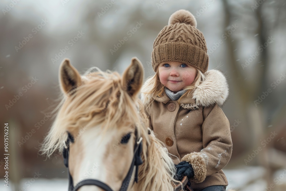 Fototapeta premium Little girl wearing winter clothes riding horse in snowy landscape