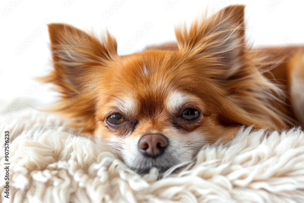 Small brown long haired chihuahua dog relaxing on white background Small brown long haired chihuahua dog relaxing on white background