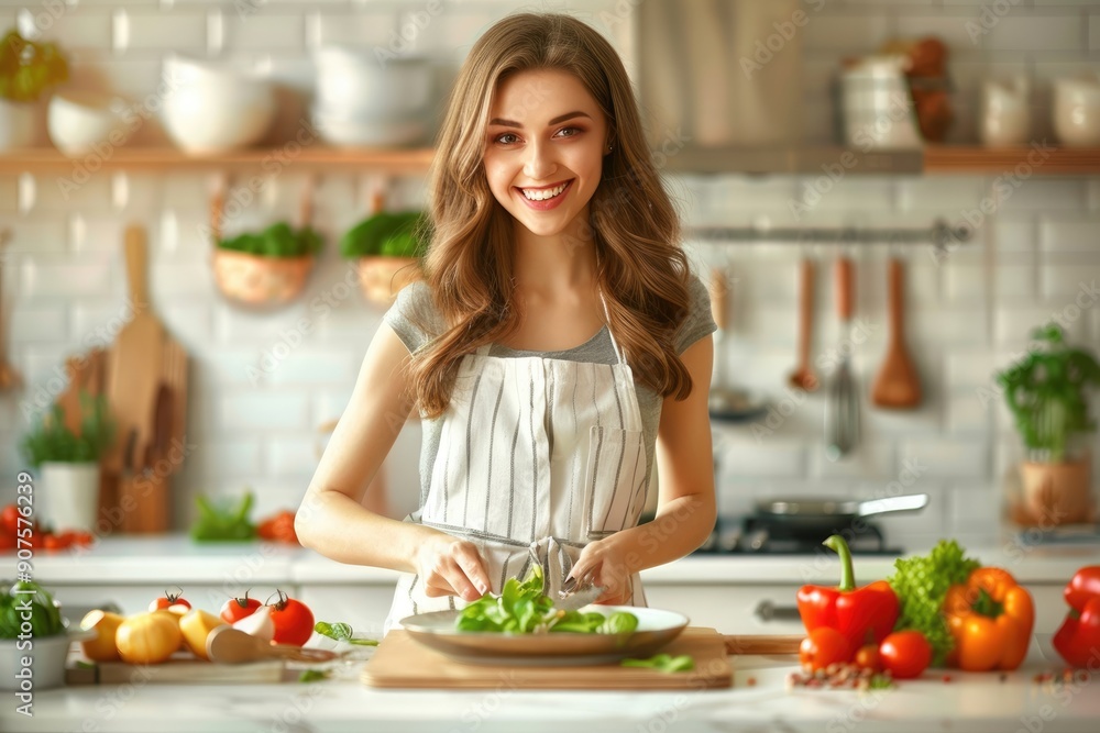 Woman cooking a healthy vegetarian meal in a modern kitchen Woman cooking a healthy vegetarian meal in a modern kitchen