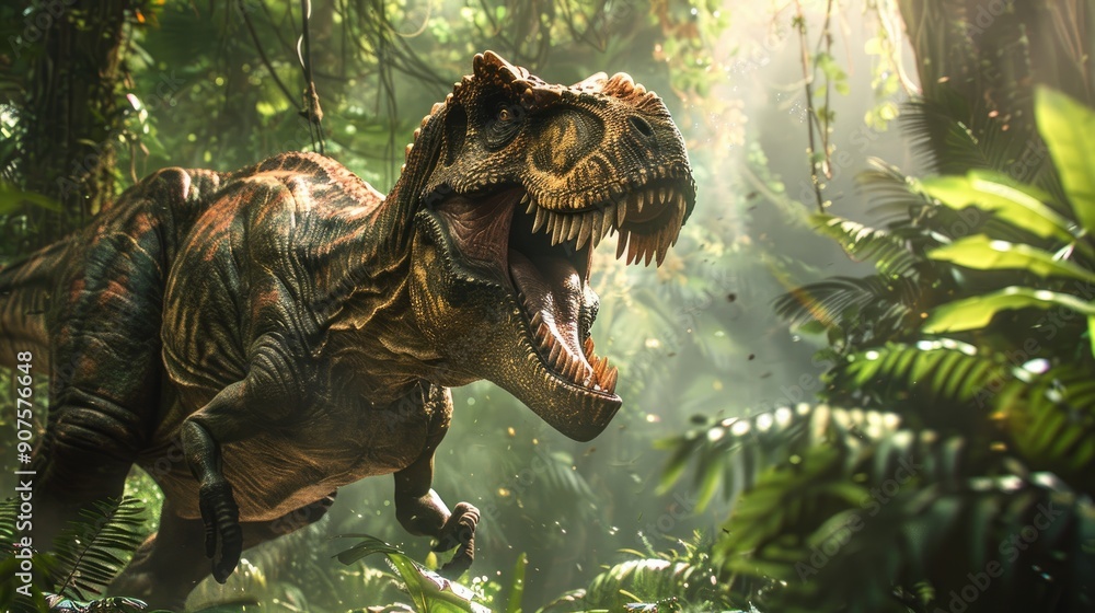 Obraz premium Tyrannosaurus Rex dinosaur roaring in a dense, misty prehistoric forest