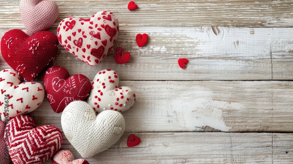 Valentine s Day themed heart arrangement on light wooden backdrop viewed from the top Valentine s Day themed heart arrangement on light wooden backdrop viewed from the top