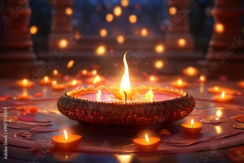 Diwali lamp with rangoli around it, colorful, focused photo shoot photo