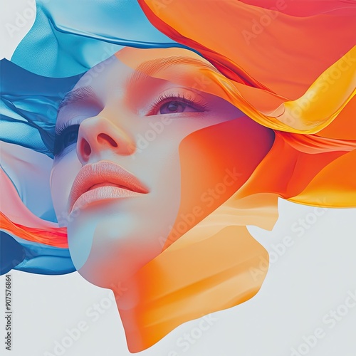 Chromatic Serenity: A woman's face emerges from a vibrant, abstract swirl of blue and orange hues, her serene expression a testament to the beauty of tranquility amidst chaos.  photo