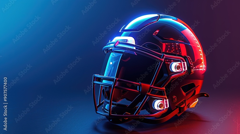 A helmet with a red and blue background. The helmet is black and has a red stripe A helmet with a red and blue background. The helmet is black and has a red stripe