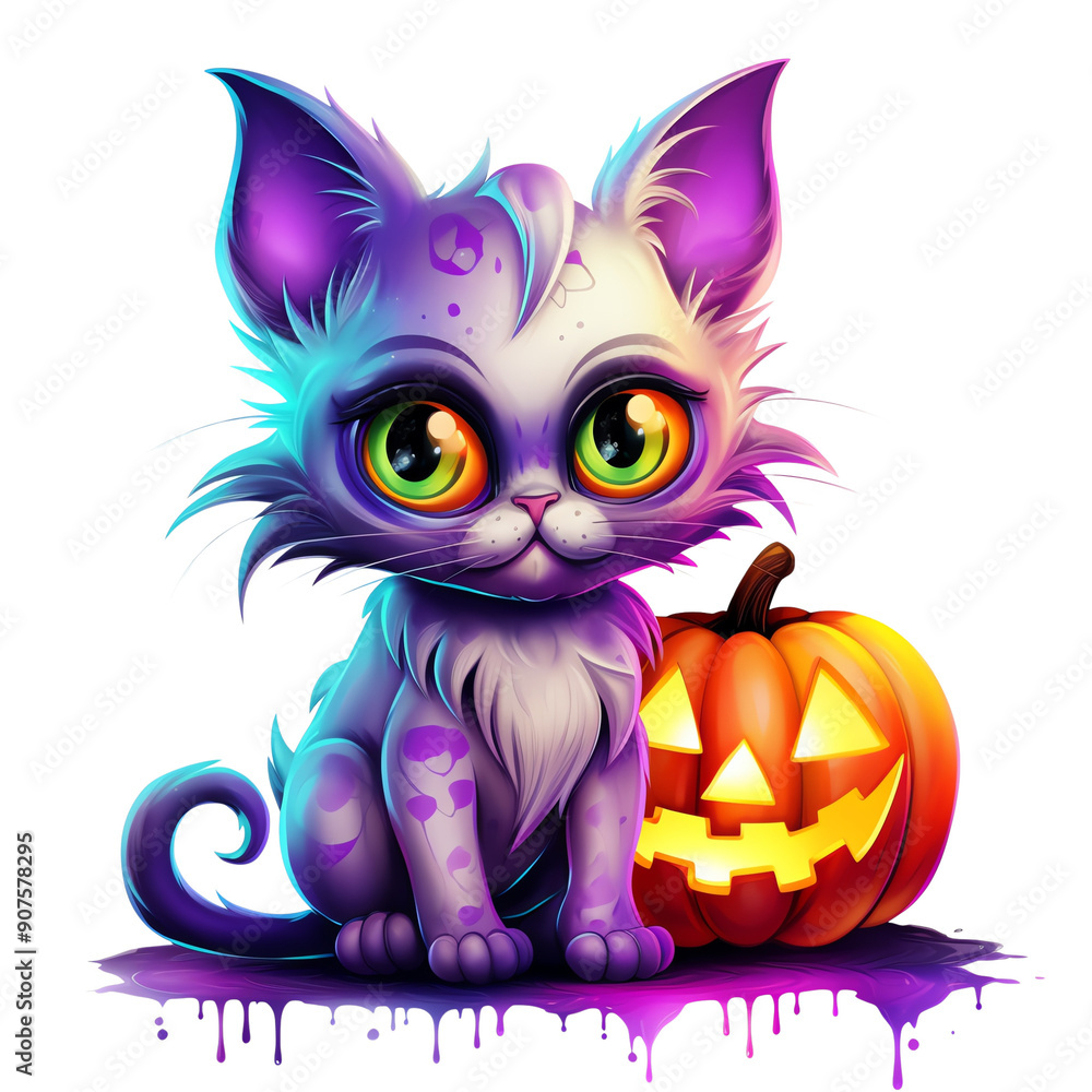 Cute Halloween illustration of a colorful kitten sitting next to a carved pumpkin. Ideal for festive and spooky designs. Cute Halloween illustration of a colorful kitten sitting next to a carved pumpkin. Ideal for festive and spooky designs.