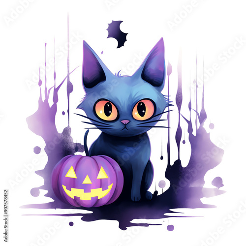 Adorable black cat with large eyes, sitting next to a glowing purple pumpkin for Halloween, illustrating a festive spooky atmosphere. photo