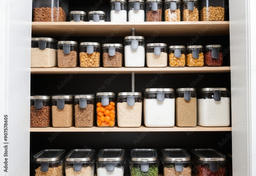 A kitchen pantry storage room for home supplies organized with food containers and glass jars on shelves and racked cabinets A kitchen pantry storage room for home supplies organized with food containers and glass jars on shelves and racked cabinets