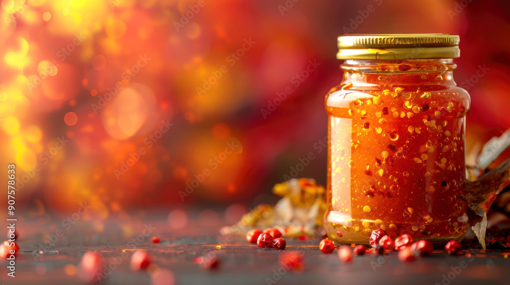 Jar of pepper jam against festive bokeh background with autumn leaves. Swicy trendy sauce made from hot chili and honey Jar of pepper jam against festive bokeh background with autumn leaves. Swicy trendy sauce made from hot chili and honey
