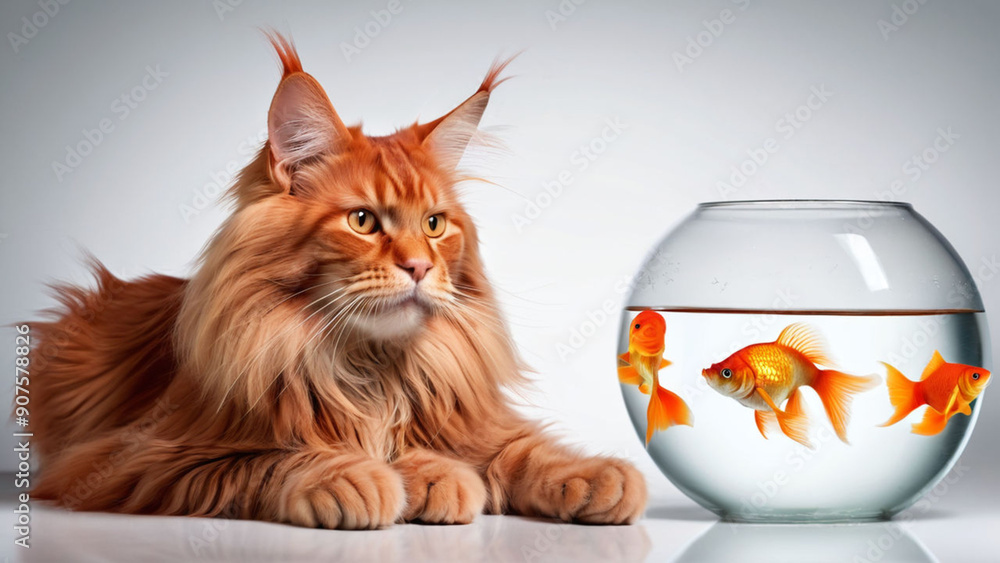 Cute, fluffy, red Maine Coon cat dreams of a goldfish, A series of pictures on the theme of cat