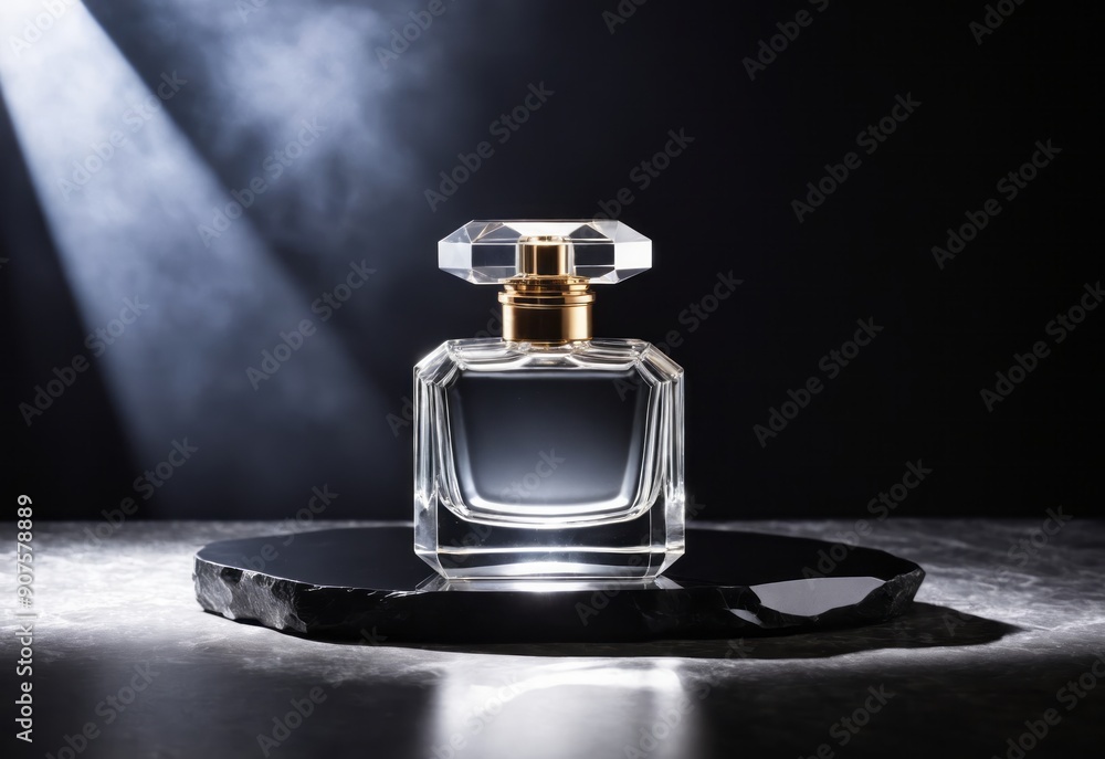 luxury glass or crystal perfume bottle on a stone platform display background in dramatic studio lighting theme as wide banner luxury glass or crystal perfume bottle on a stone platform display background in dramatic studio lighting theme as wide banner