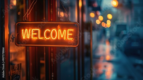 Neon sign with welcome text on the old street in the evening