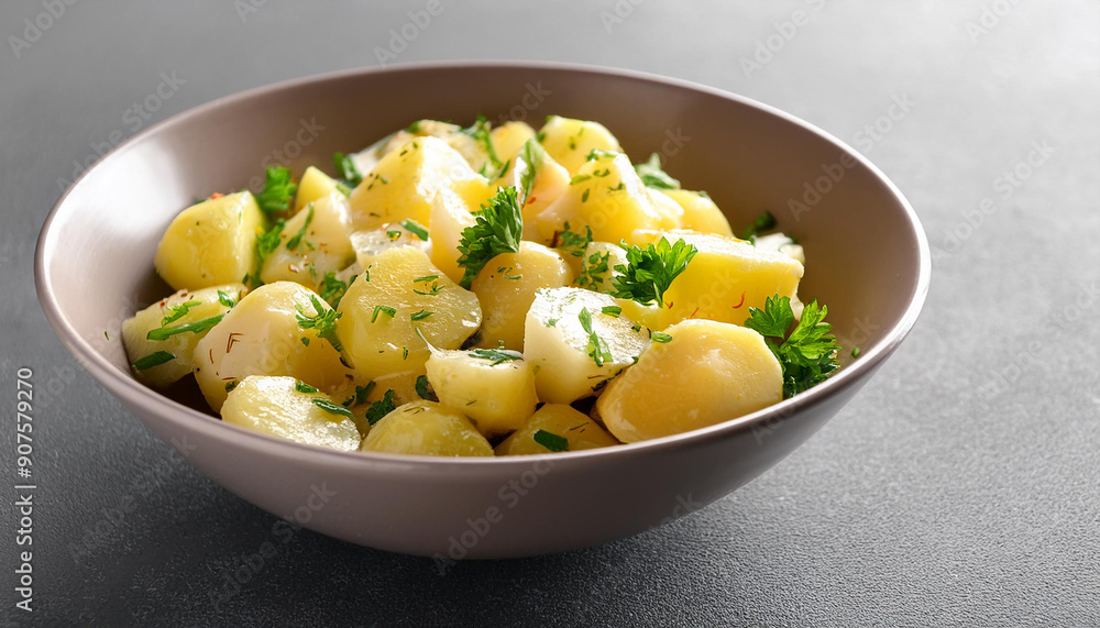 Bowl of tasty Potato Salad with greens on grey background Bowl of tasty Potato Salad with greens on grey background