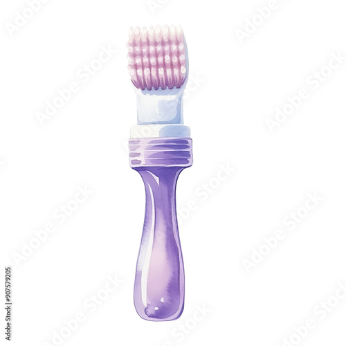 Close-up of a purple silicone baby toothbrush with a white handle, isolated on a white background. Ideal for baby dental care and hygiene concepts. photo