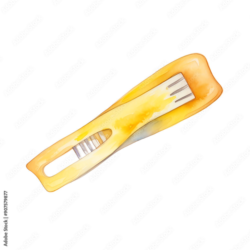 High-quality image of a watercolor illustration of a yellow peeler with a metallic blade, isolated on a white background. High-quality image of a watercolor illustration of a yellow peeler with a metallic blade, isolated on a white background.