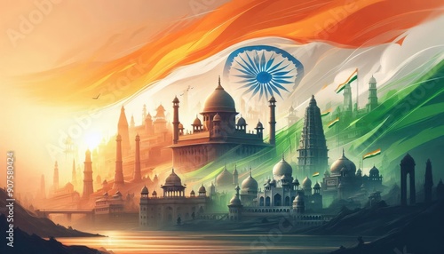 Tricolour Indian flag with Ashok wheel background illustration, 15th August Indian Happy Independence Day poster design