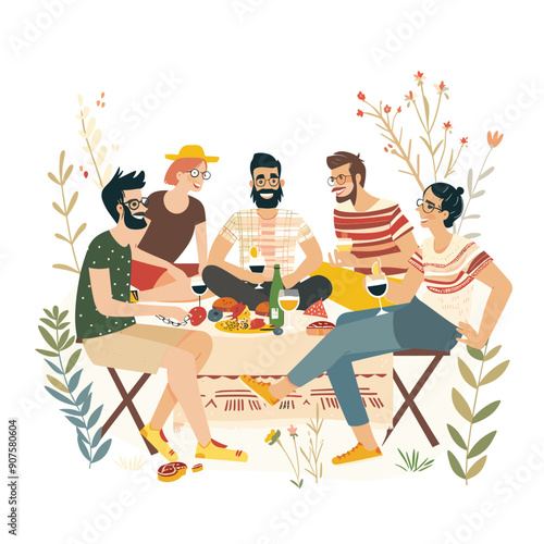 Friends eating food outdoors drinking having picnic cheerful smiling mixed gender enjoying socializing, chatting, sitting around table happy. Varied ages skin tones casual clothing glasses seated