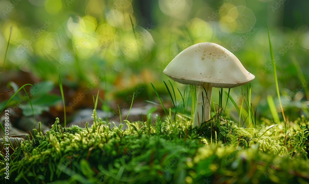 Forest Mushroom with Grass and Leaves Green Mushroom Fungi Closeup. Green Mushroom in Natural Forest Setting Forest Mushroom with Grass and Leaves Green Mushroom Fungi Closeup. Green Mushroom in Natural Forest Setting