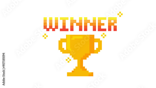 Pixel art 8-bit You Win text with one big winner golden cup for champion on red background.for game assets in vector illustrations.	
