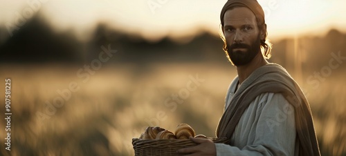 Smiling Farmer Holding Harvested Wheat Bunch in Golden Field at Sunset
